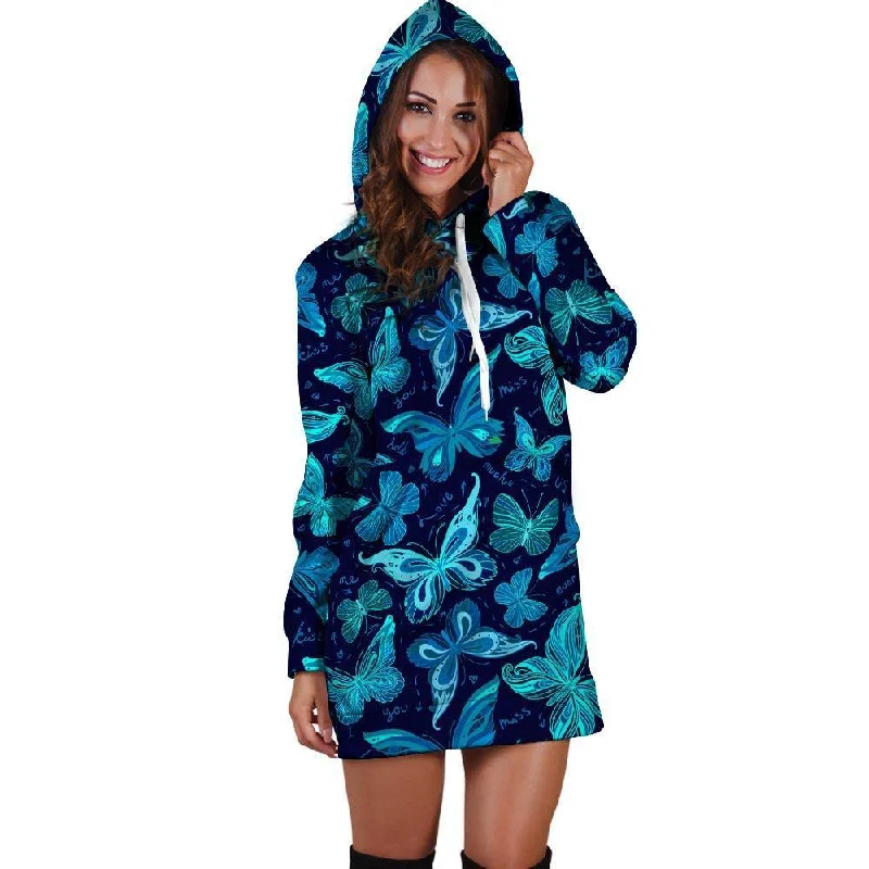 Blue Butterfly Print Hoodie Dress Hoodie with V-Neck Classic Versatile