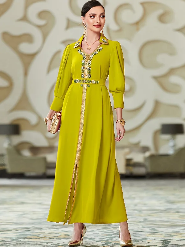 Glamorous Rhinestone V Neck Kaftan Maxi Dress - Sparkling Long Sleeve Split Design - Elegant Evening Wear for Women Tunics New arrival
