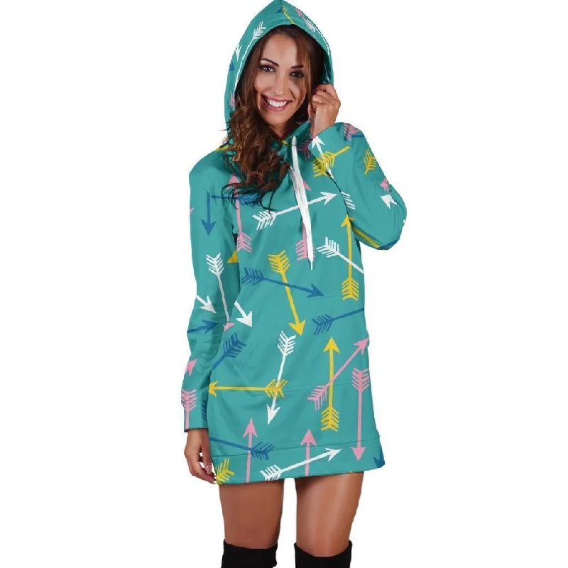 Archery Pattern Print Women Hoodie Dress Hoodie with Exposed Zipper Edgy Industrial