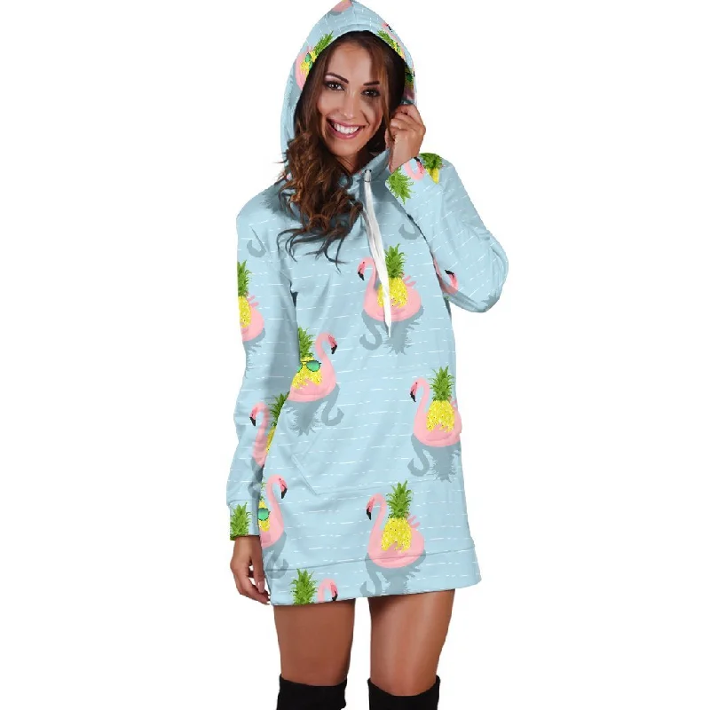 Women Blue Flamingo Pineapple Hoodie Dress Print Hoodie with Stripes Bold Sporty