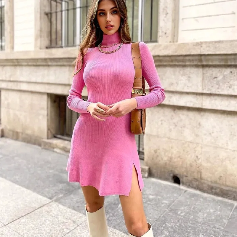 Julia Fashion - Women Knitted Mini Dress Casual Mini Dress with Pockets