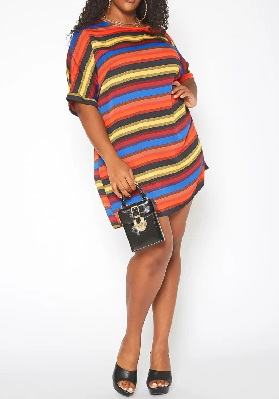 Hi Curvy Plus Size Women Multi Striped Shift Mini Dress Shift Classic Vintage