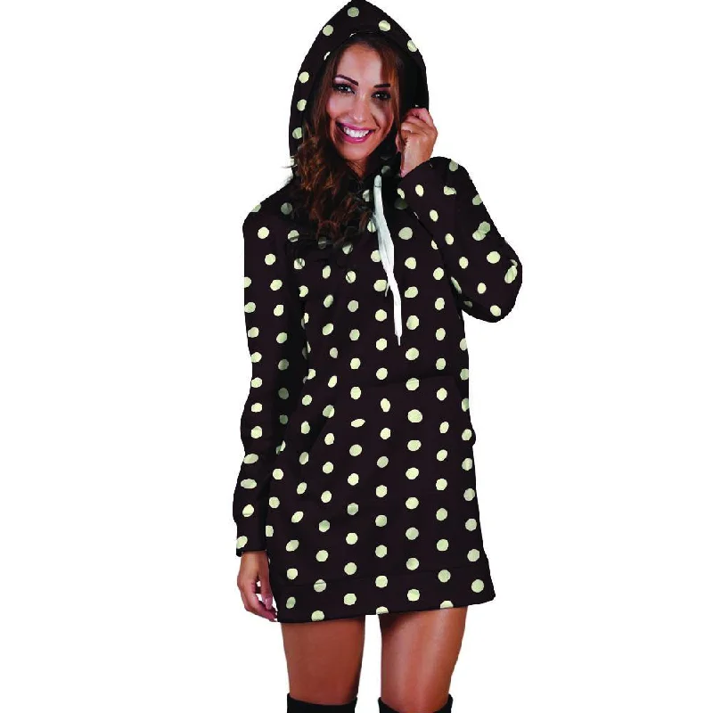 Black And White Tiniy Polka Dot Hoodie Dress Zip Hoodie Drawstring Kangaroo Pocket
