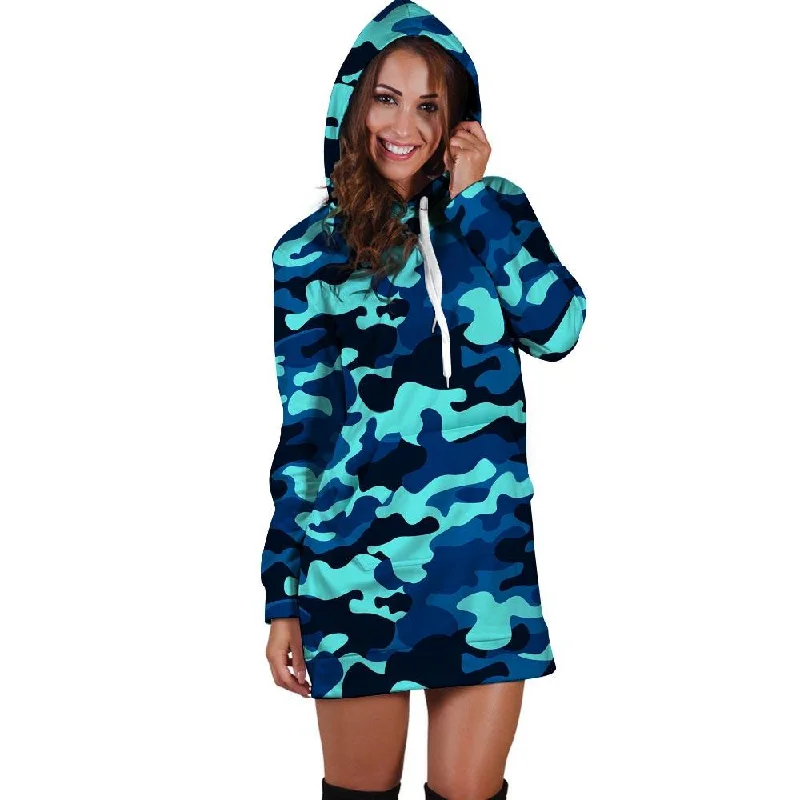 Blue Camoflage Print Hoodie Dress Hoodie with Cuffed Sleeves Snug Secure