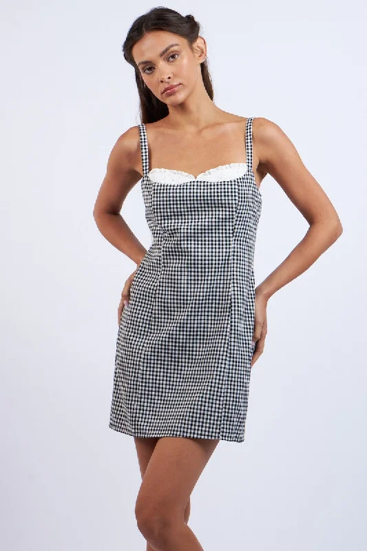 Checkered Lace Mini Dress - Black Classic Casual Mini Dress
