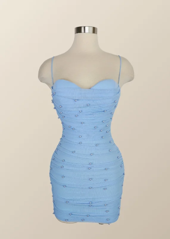 Straps Blue Tight Mini Dress with Pearls Chic Halter Mini Dress