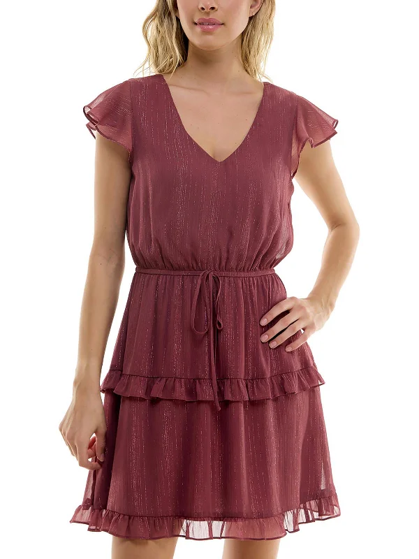 Juniors Womens Metallic Tiered Mini Dress Tunics Versatile stylish