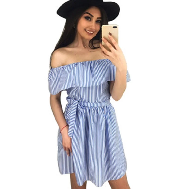 Slash Neck Sashes Striped A-line Dress Women Sexy Summer Beach Off Shoulder Mini Dresses Ladies Elegant Elastic Waist Dress New Crew Neckline Sporty Slash Neck Sashes Striped A-line Dress Women Sexy Summer Beach Off Shoulder Mini Dresses Ladies Elegant Elastic Waist Dress New Crew Neckline Sporty
