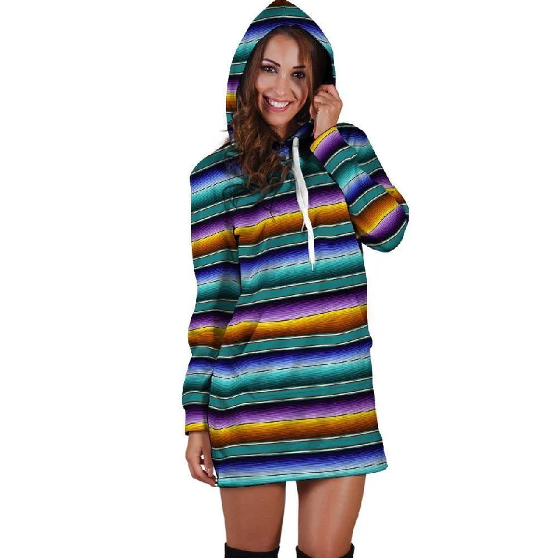 Blue Baja Serape Hoodie Dress Hoodie with Turtle Neck Cozy Winter