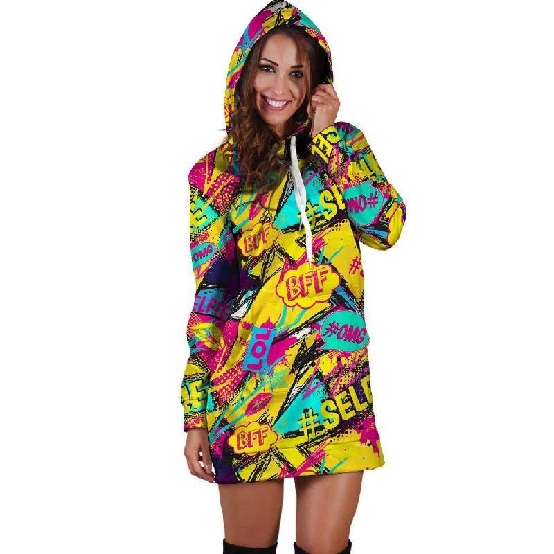 Abstract Comic Bubble Graffiti Print Hoodie Dress Hoodie with Elastic Waist Stretchable Comfortable Abstract Comic Bubble Graffiti Print Hoodie Dress Hoodie with Elastic Waist Stretchable Comfortable