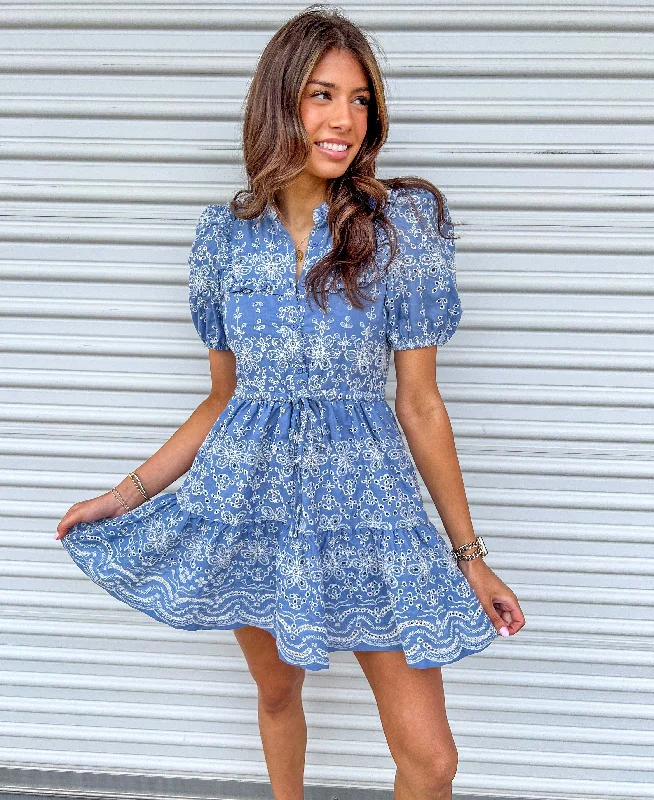 CITY OF ANGELS BLUE EYELET MINI DRESS Stylish Button-Down Mini Dress