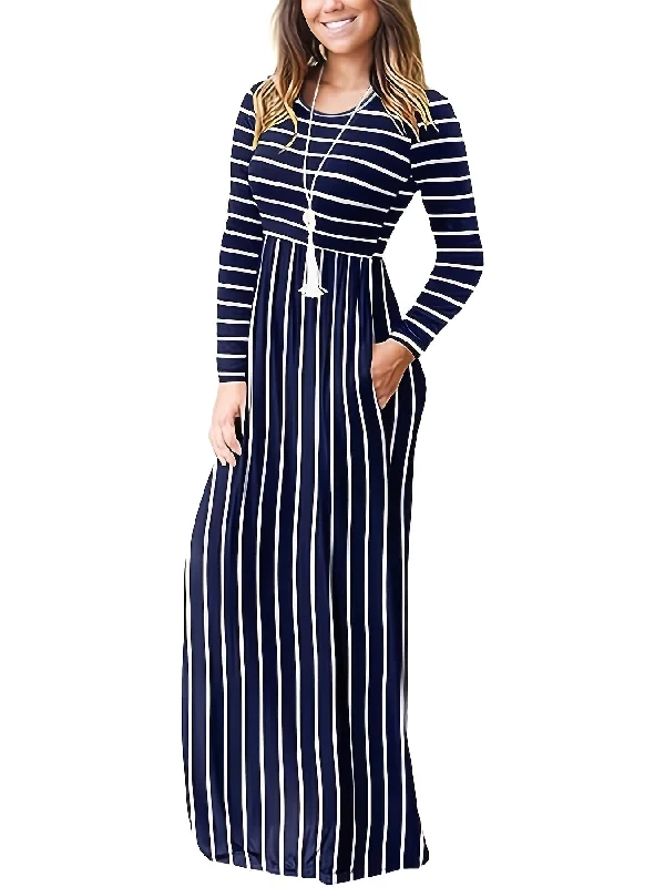 Fall/Winter Chic: Cozy Geometric High-Waist Maxi Dress with Crew Neck, Long Sleeves - Durable & Easy-Care, Perfect for Daily Wear Tunics Modern contemporary