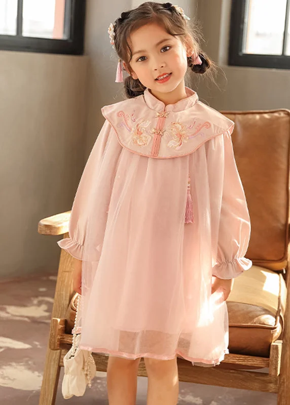 Chinese Style Pink Stand Collar Embroideried Girls Long Dresses Lantern Sleeve TV028 Tunics Formal black Chinese Style Pink Stand Collar Embroideried Girls Long Dresses Lantern Sleeve TV028 Tunics Formal black