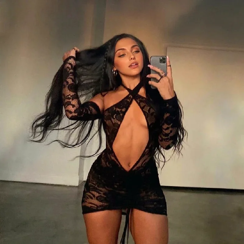 Julia Fashion - Sexy Halter Cut Out Mesh Embroidery Mini Dress Chic Halter Mini Dress Julia Fashion - Sexy Halter Cut Out Mesh Embroidery Mini Dress Chic Halter Mini Dress