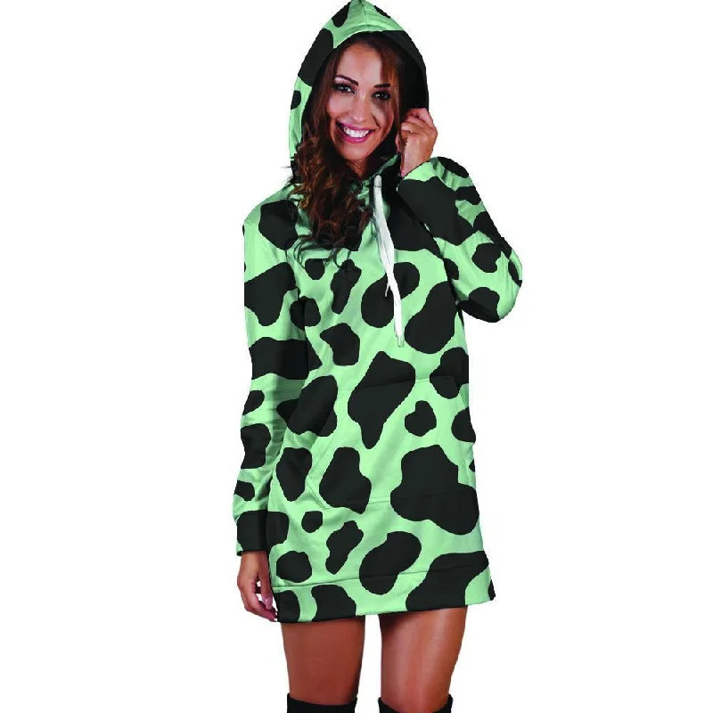 Black And Green Cow Print Hoodie Dress Hoodie with Embroidery Detailed Premium