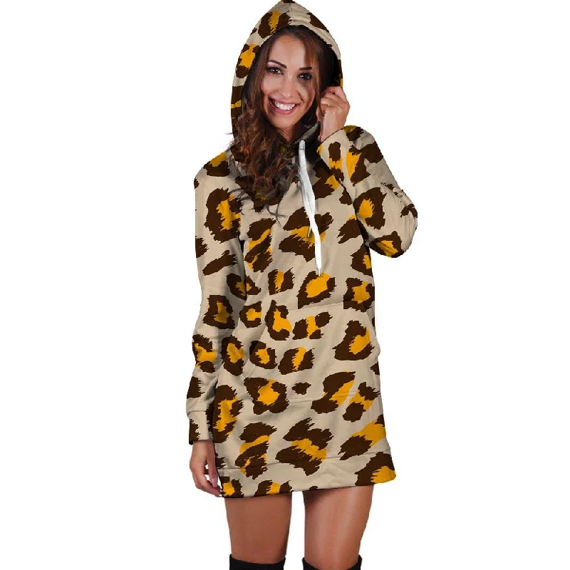 Cheetah Print Hoodie Dress Hoodie with Slit Hem Functional Movement