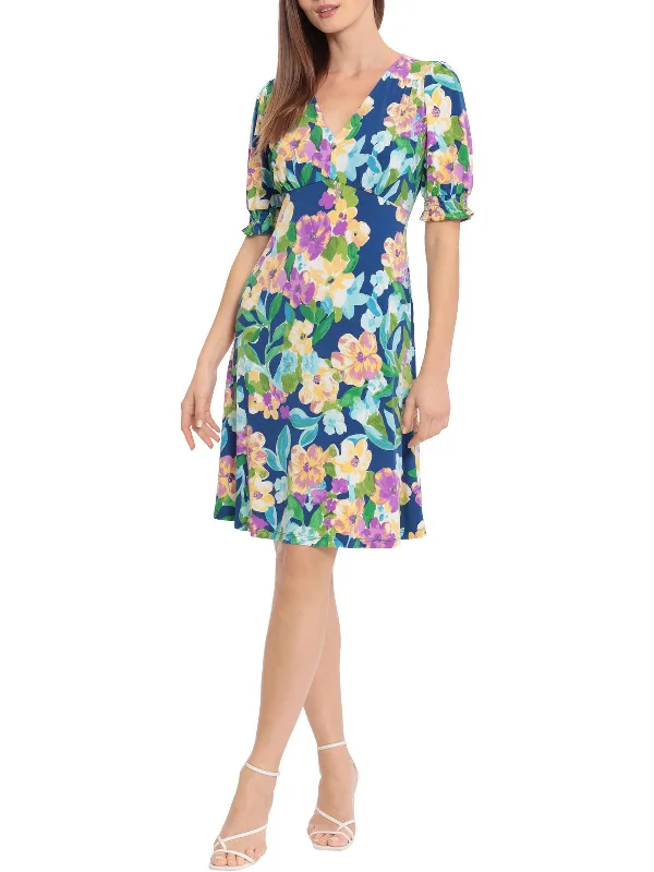 Womens Floral Print Matte Jersey Wear To Work Dress Tunics Solid Classic