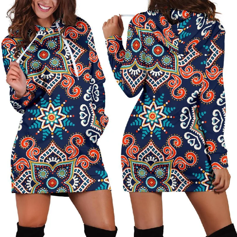 Bohemian Pattern Print Women Hoodie Dress Hoodie with Lace Feminine Delicate
