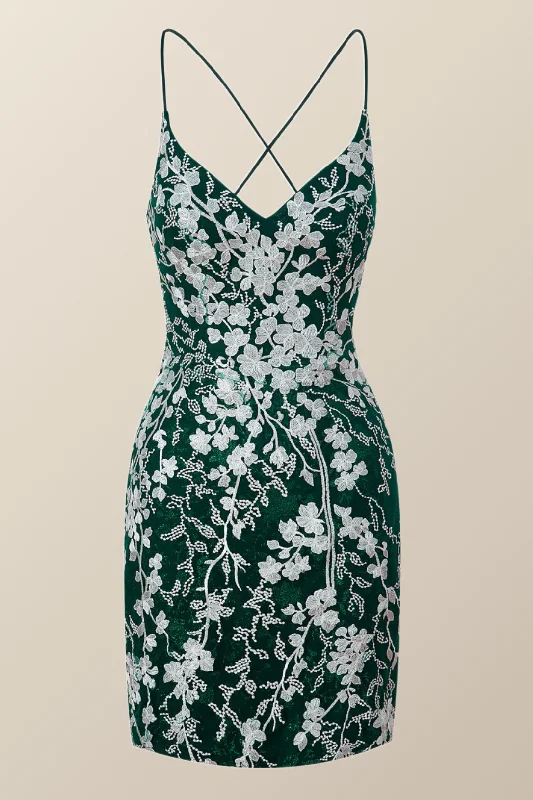 Green and White Floral Tight Mini Dress Elegant Tulle Mini Dress
