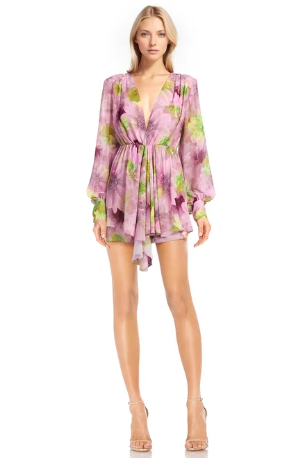 Floral Long-Sleeved Georgette Mini Dress Comfortable Bodycon Mini Dress