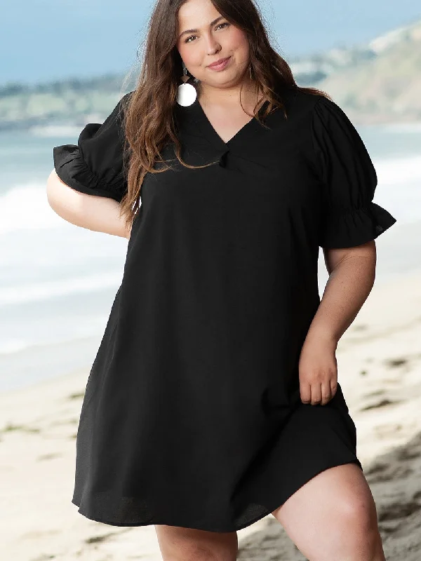 Black Solid Ruffled Puff Sleeve V Neck Plus Size Mini Dress Fashionable Pleated Mini Dress Black Solid Ruffled Puff Sleeve V Neck Plus Size Mini Dress Fashionable Pleated Mini Dress