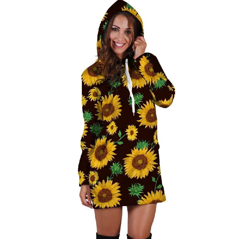 Black Sunflower Print Hoodie Dress Hoodie with Drawstring Waist Adjustable Fitted