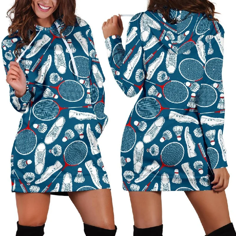 Badminton Print Pattern Women Hoodie Dress Hoodie with Puffed Sleeves Voluminous Trendy Badminton Print Pattern Women Hoodie Dress Hoodie with Puffed Sleeves Voluminous Trendy