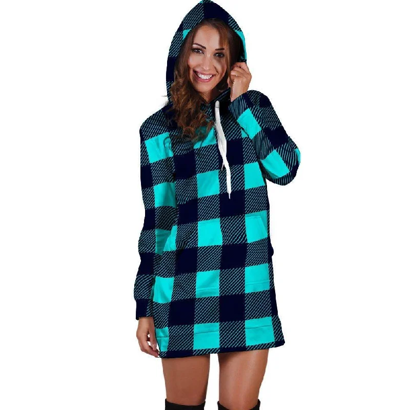 Blue Plaid Print Hoodie Dress Hoodie with Monochrome Minimalist Simple
