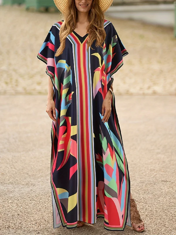 Stunning Allover Print V-Neck Kaftan Maxi Dress - Elegant Batwing Sleeve, Loose Fit, Flowy, Comfortable, Versatile, and Chic - Women's Clothing for Summer, Vacation, and Daily Wear Boat Neckline Classic Stunning Allover Print V-Neck Kaftan Maxi Dress - Elegant Batwing Sleeve, Loose Fit, Flowy, Comfortable, Versatile, and Chic - Women's Clothing for Summer, Vacation, and Daily Wear Boat Neckline Classic