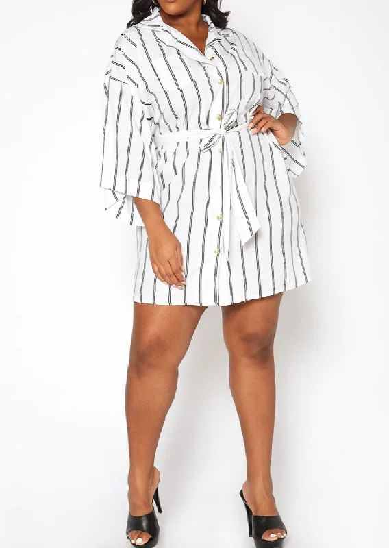 Hi Curvy Plus Size Women Pin Striped Button Front Mini Dress Tunics Yoga stretchy