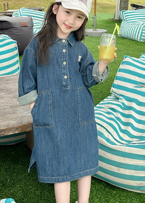 Handmade Denim Blue Peter Pan Collar Patchwork Button Kids Long Dress Spring TV024 Tunic Top Casual Handmade Denim Blue Peter Pan Collar Patchwork Button Kids Long Dress Spring TV024 Tunic Top Casual