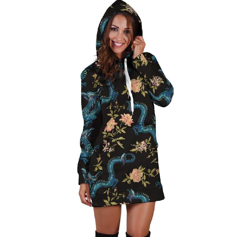 Blue Chinese Dragon Floral Print1 Hoodie Dress Hoodie with Puffed Sleeves Voluminous Trendy Blue Chinese Dragon Floral Print1 Hoodie Dress Hoodie with Puffed Sleeves Voluminous Trendy