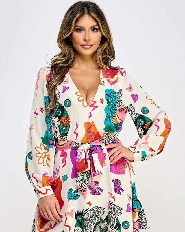 Printed Long Sleeve Mini Dress With Belt | Beige Fashionable Polka Dot Mini Dress