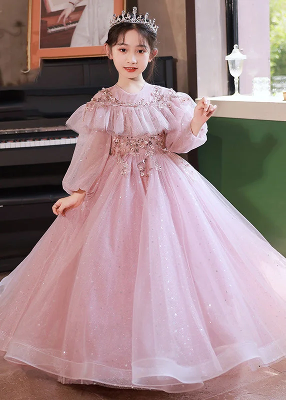 Beautiful Pink Sequins Patchwork Tulle Kids Maxi Dress Fall RP029 Square Neckline Feminine