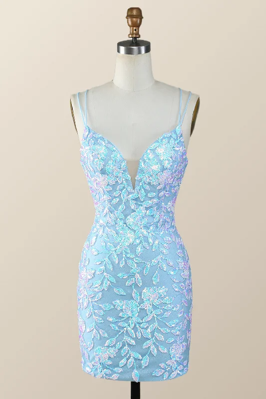 Blue Sequin Bodycon Mini Dress with Straps Cozy Satin Mini Dress