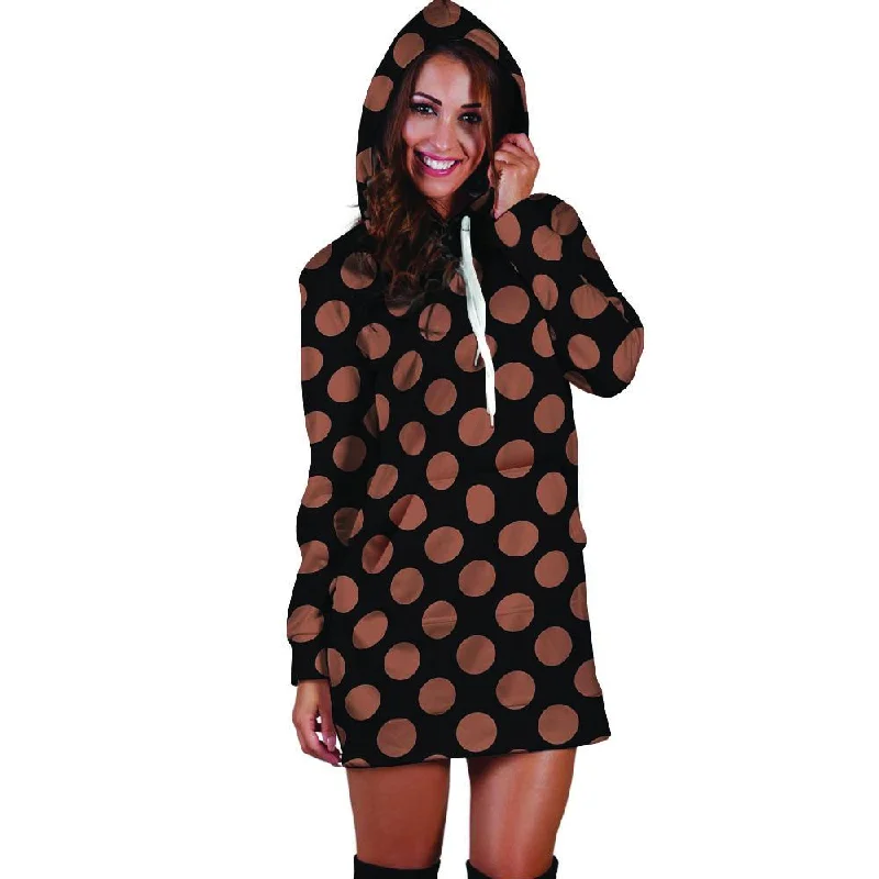 Black Brown Polka Dot Hoodie Dress Hoodie with Hem Frayed Vintage Worn
