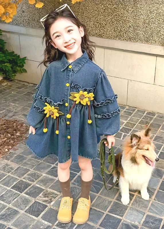 Art Denim Blue Ruffled Patchwork Button Girls Mid Dress Spring TV035 Tunics Velvet soft