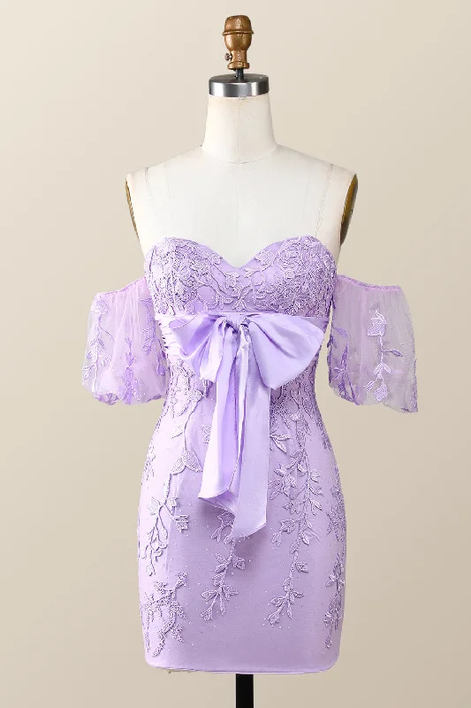 Sweetheart Lavender Tight Mini Dress with Bow Comfortable One-Shoulder Mini Dress