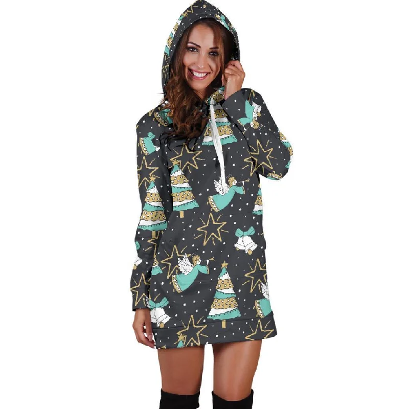 Angel Christmas Print Pattern Women Hoodie Dress Hoodie with High-Low Hem Asymmetrical Trendy Angel Christmas Print Pattern Women Hoodie Dress Hoodie with High-Low Hem Asymmetrical Trendy