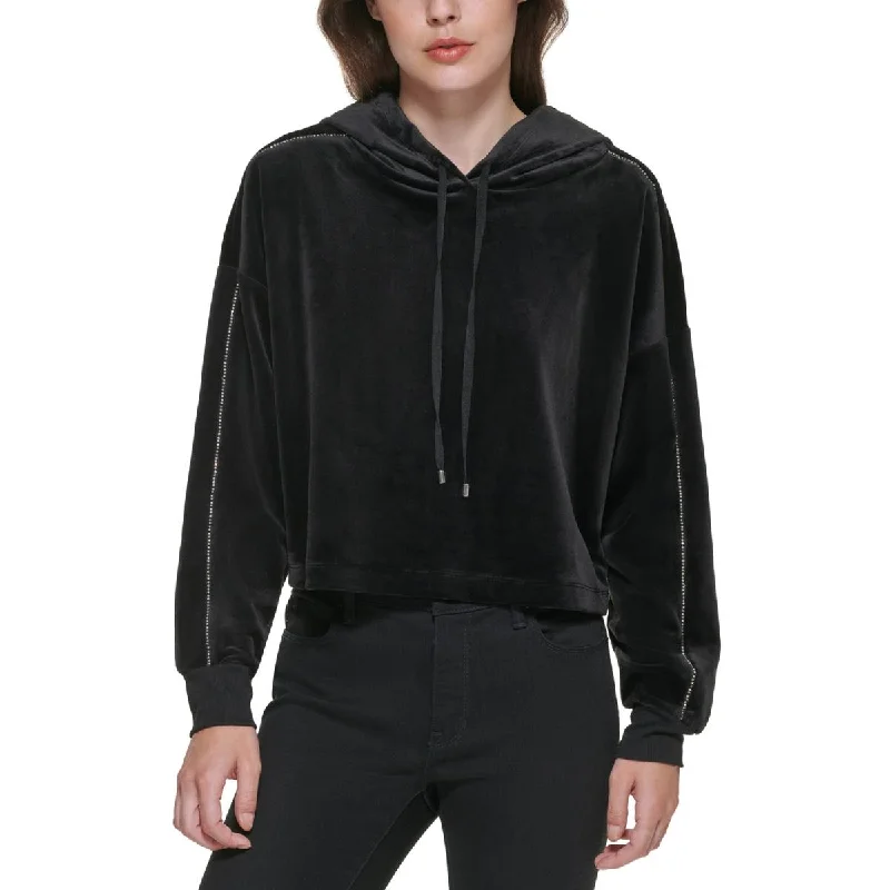 DKNY Womens Velour Embellished Hoodie Hoodie with Print Artistic Unique