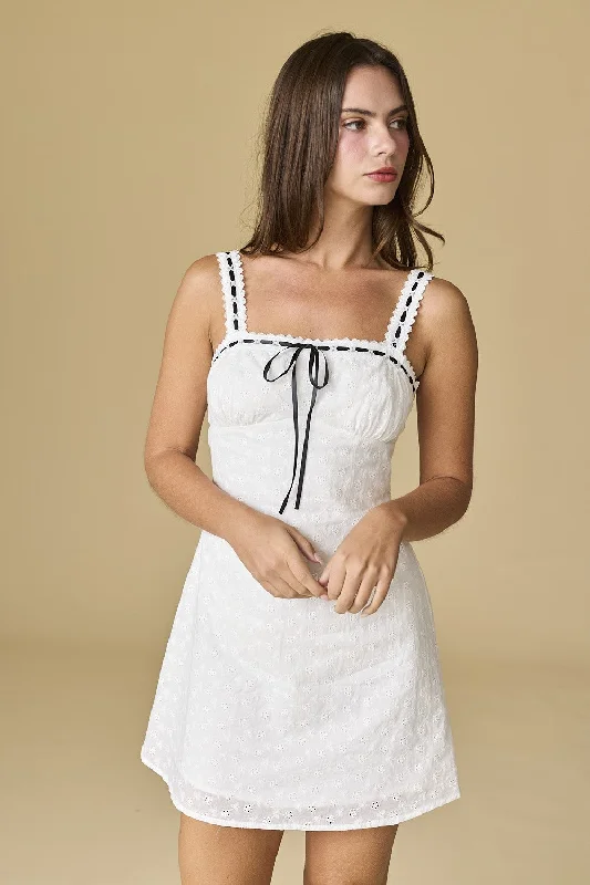 Nevaeh Eyelet Mini Dress - White Cozy A-Line Mini Dress