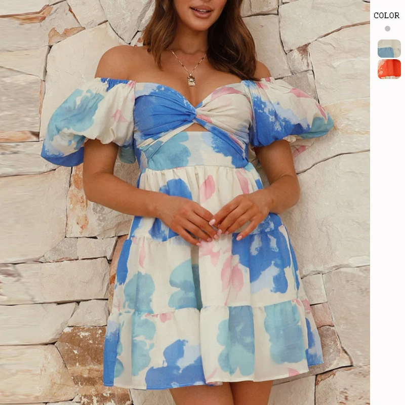 Women's Floral Print Hollow Out V-Neck Puff Sleeve Mini Dress Chic Bohemian Mini Dress
