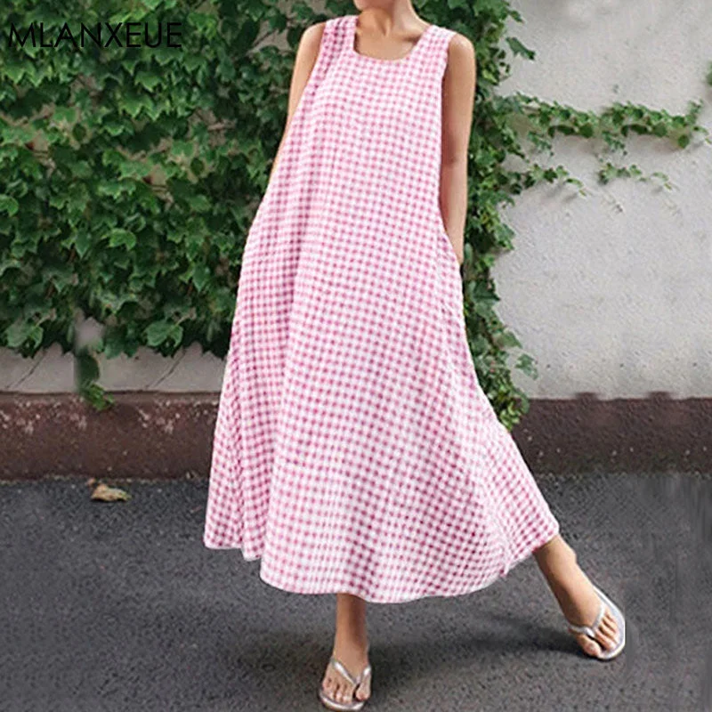 Casual Plaid Sleeveless Plus Size Long Dress Women Sexy Loose Summer Dress Boho Beach Female Fashion Vintage Dress Vestidos New Tunics Wedding white Casual Plaid Sleeveless Plus Size Long Dress Women Sexy Loose Summer Dress Boho Beach Female Fashion Vintage Dress Vestidos New Tunics Wedding white