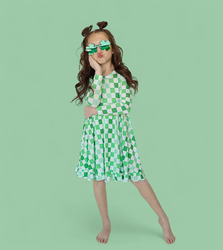 LUCKY CHECKERS LONG SLEEVE DREAM RUFFLE DRESS Off-the-shoulder Chic Trendy