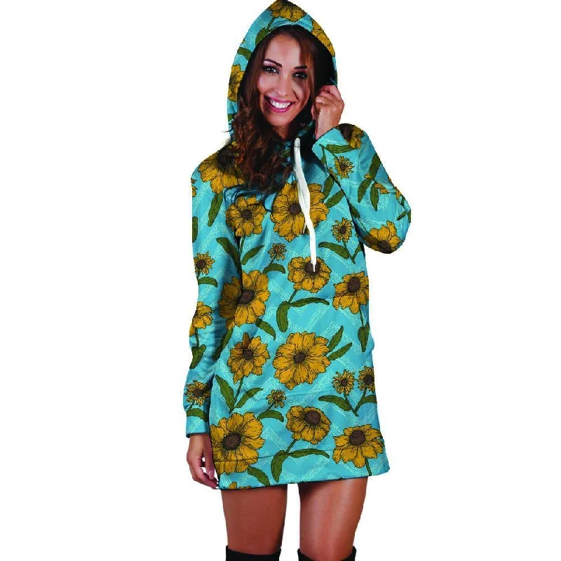 Blue Zigzag Sunflower Hoodie Dress Hoodie with Zipper Versatile Modern