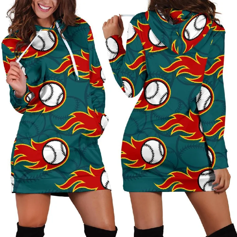 Baseball Fire Pattern Print Women Hoodie Dress Hoodie with Bell Sleeves Flared Feminine Baseball Fire Pattern Print Women Hoodie Dress Hoodie with Bell Sleeves Flared Feminine