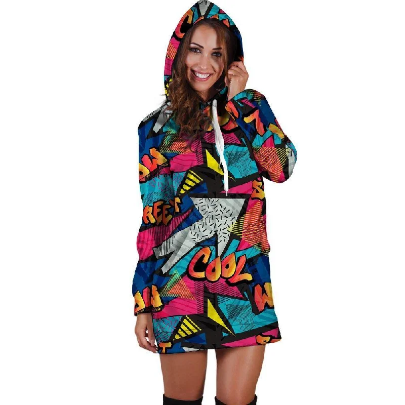 Abstract Graffiti Wow Print Hoodie Dress Hoodie with Hidden Zipper Minimalist Clean