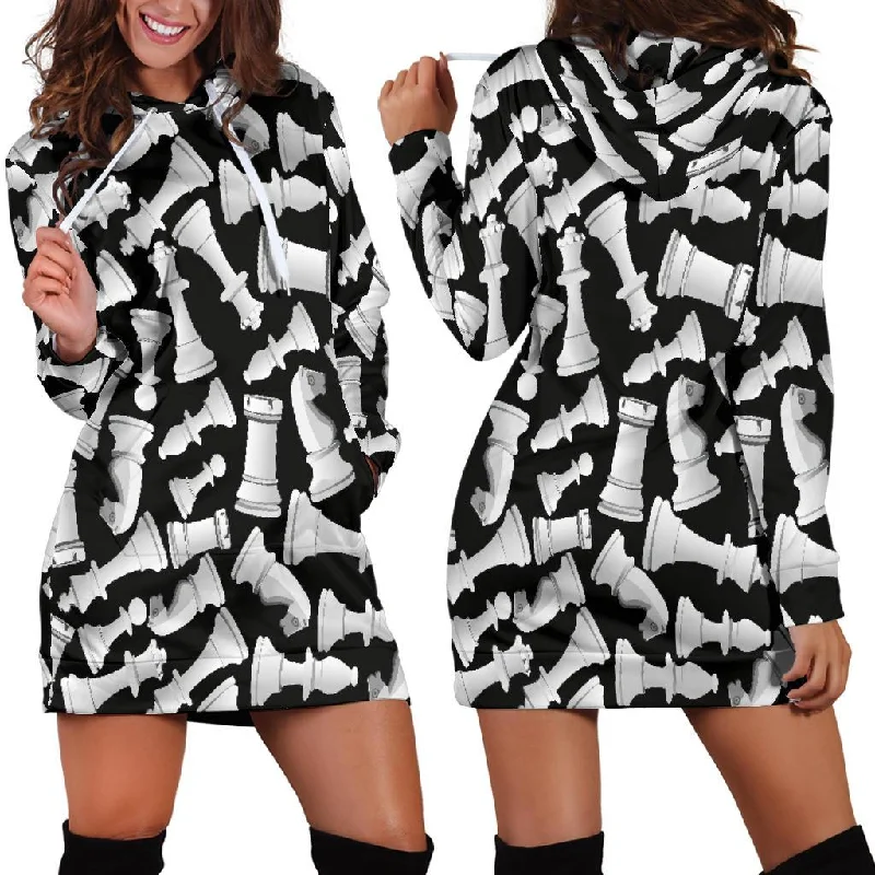 Chess Pattern Print Women Hoodie Dress Hoodie with Side Slits Relaxed Casual