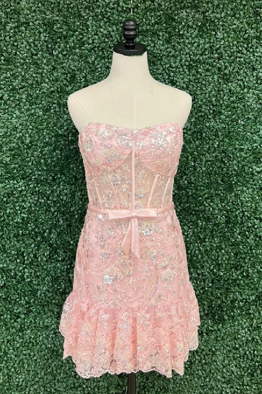 Strapless Pink Sequin Mermaid Mini Dress Fashionable Mini Dress with Frills