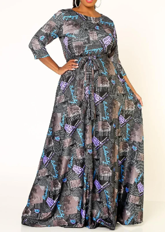 Hi Curvy Plus Size Women Letter Print Fit & Flare Maxi Dress Made In USA Tunics Chic elegant